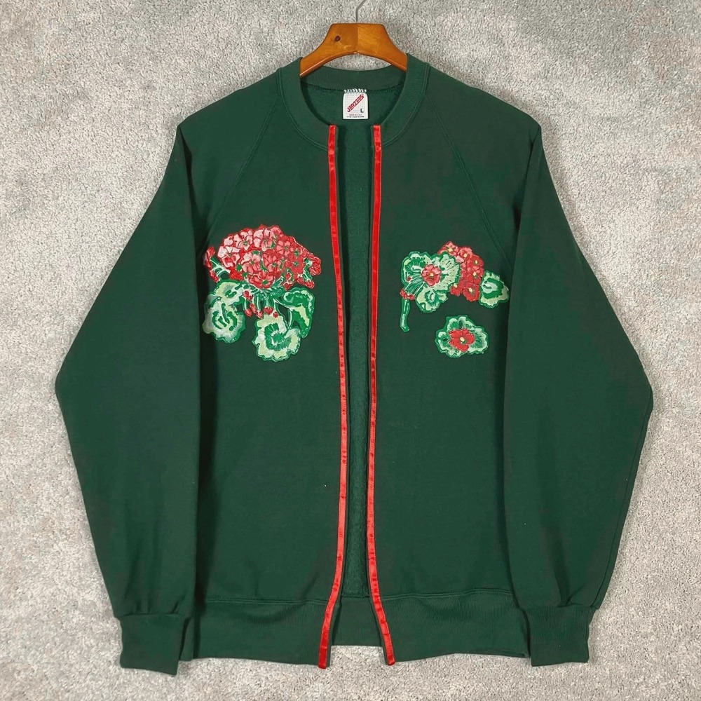 VTG 80s Puff Paint Sweatshirt Women Size L Grandmacore Green Maglolias Cardigan